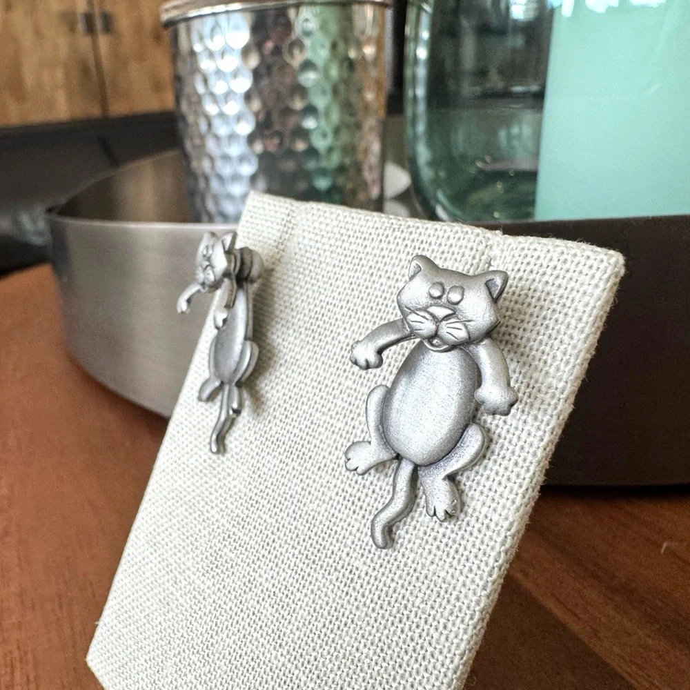 Silver Pewter Cat Earrings - Picture 6 of 11